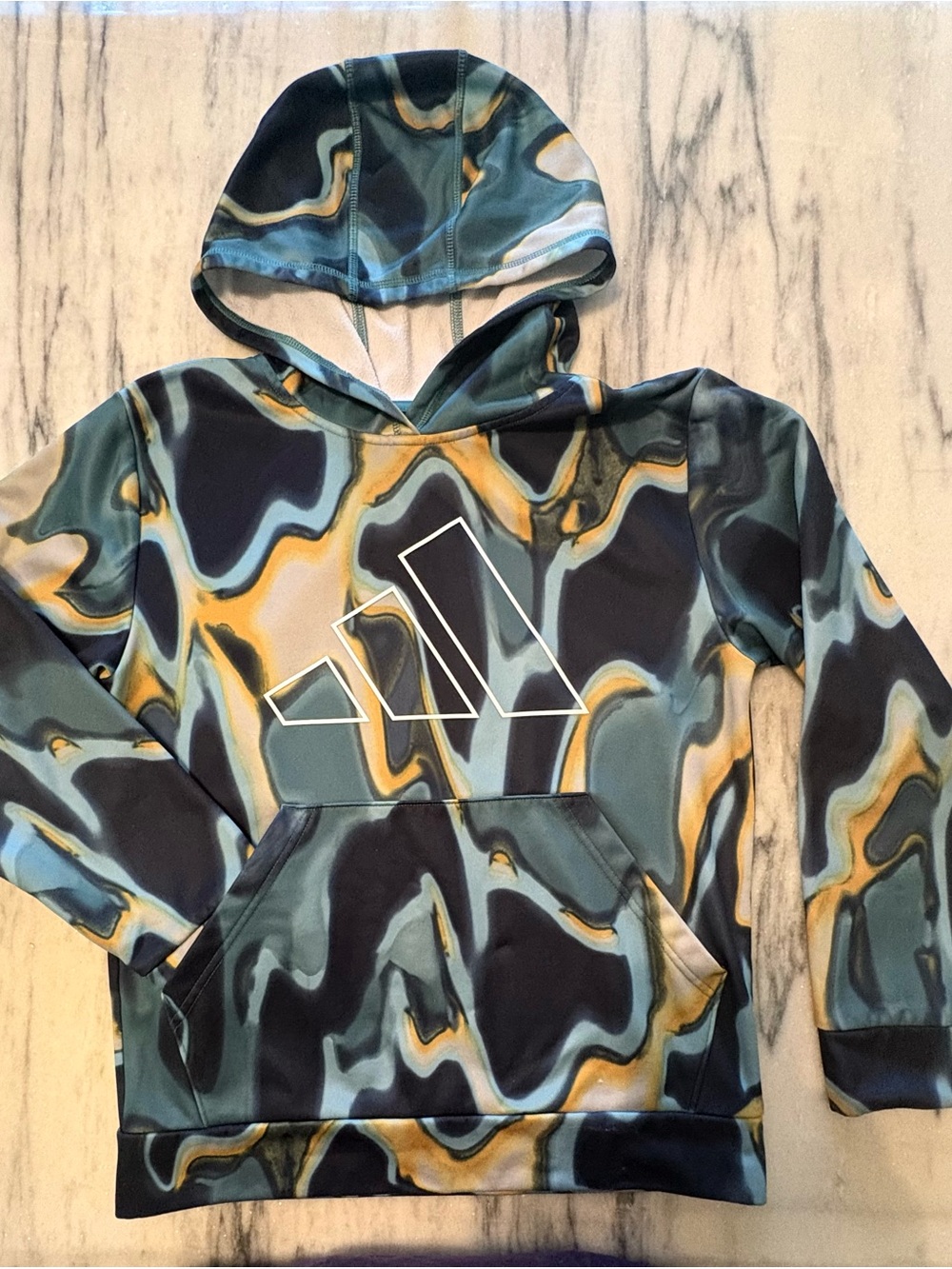 adidas Kids Marbled Logo Hoodie - Teal, Black & Gold size L